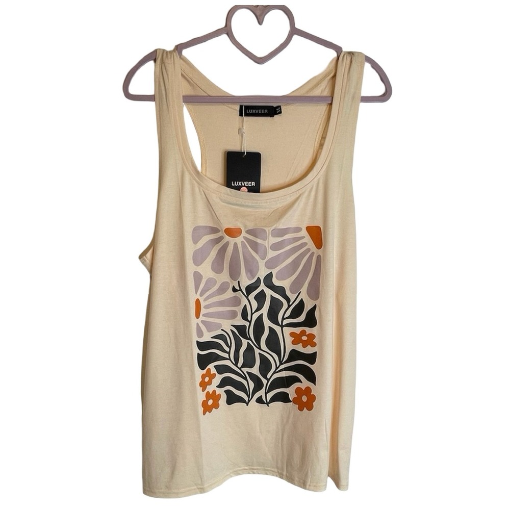 Luxveer Sleeveless Floral Print Graphic Tank Top Beige Boho Granola Girl Size XL